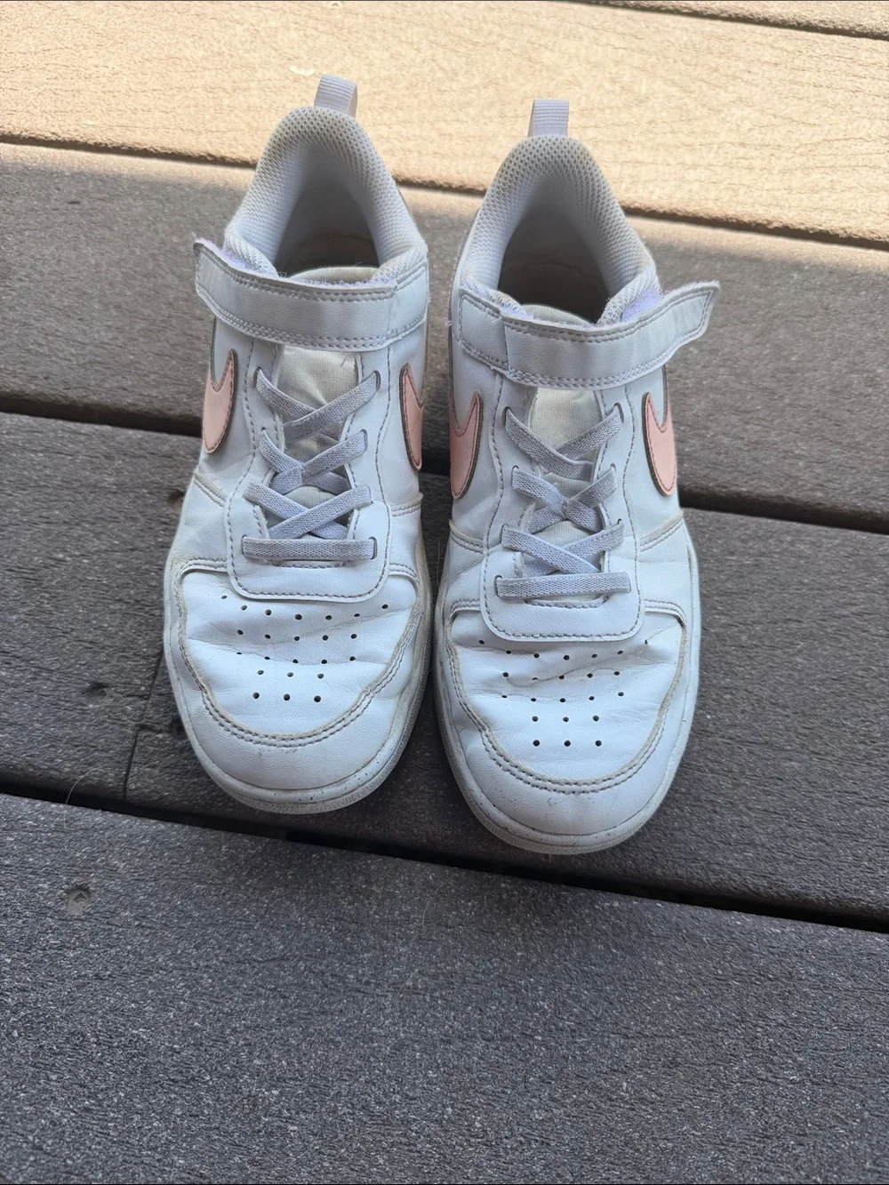 Youth size 3Nike Kids White Sneakers with Pink Swoosh - Velcro Strap